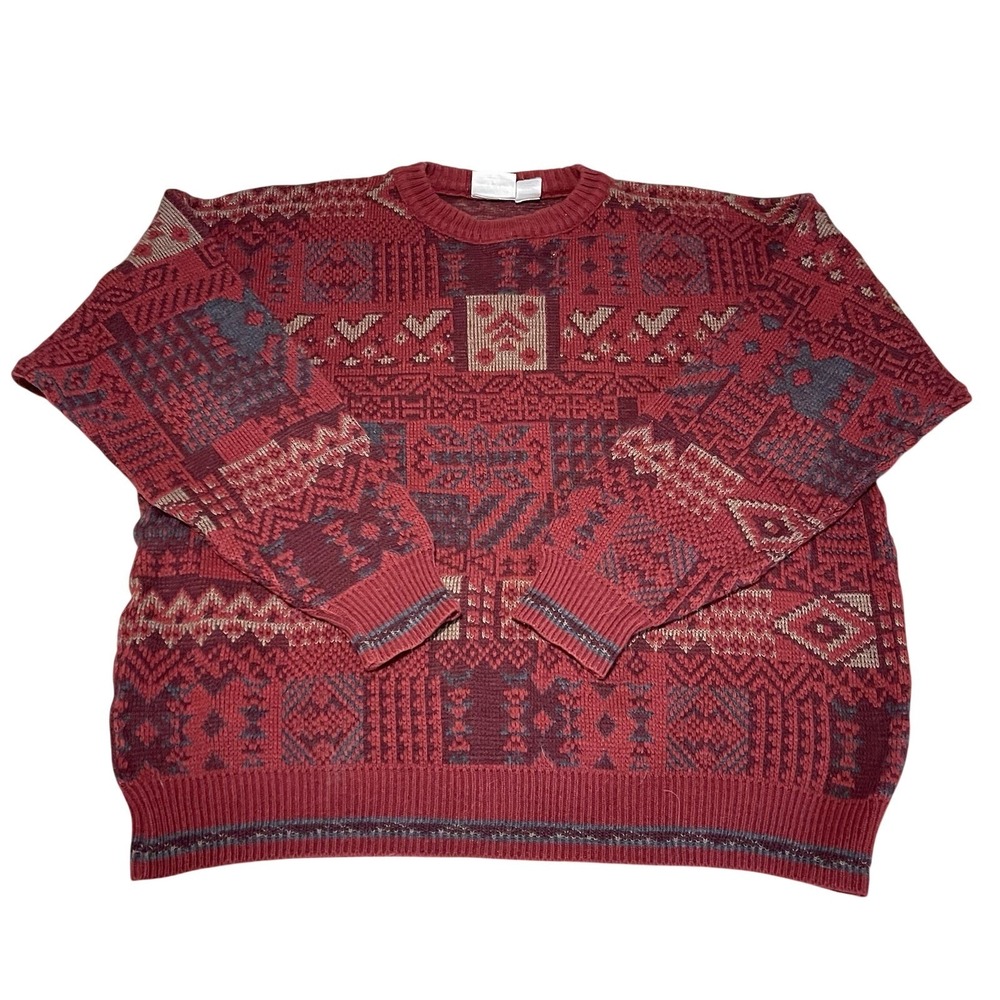 VTG Giorgio di Firenze Sweater Mens XL Italy Pullover Fair Isle Wool Acrylic Red